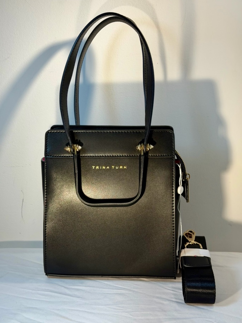 Trina Turk Black Leather-Style Mini Double Handle Convertible Crossbody Tote
